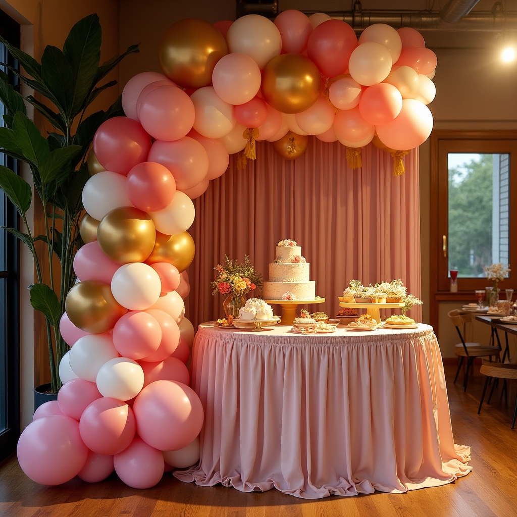 Születésnapi ballon installáció arany és rózsaszín elemekkel