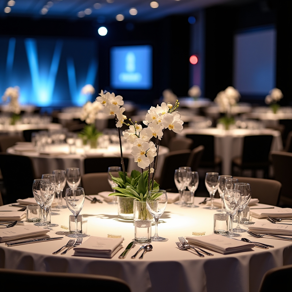 Céges rendezvény elegáns asztaldíszítése