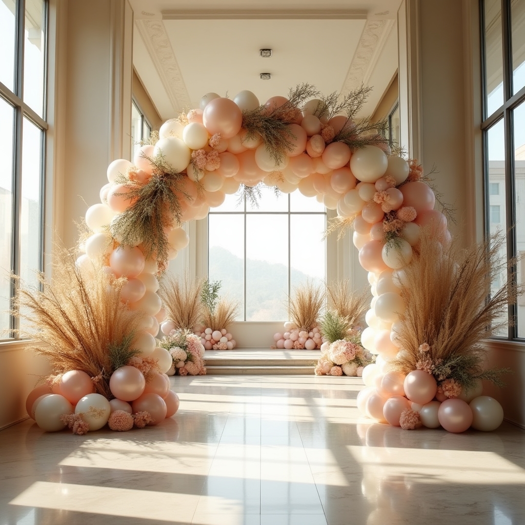 Elegáns ballon ív esküvői helyszínen fehér és arany díszítéssel
