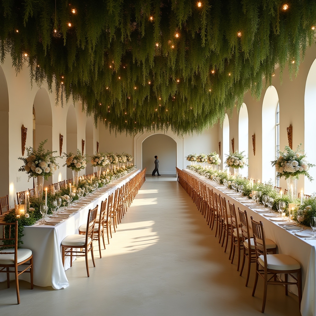 Teljes esküvői helyszín styling fehér és zöld dekorációval